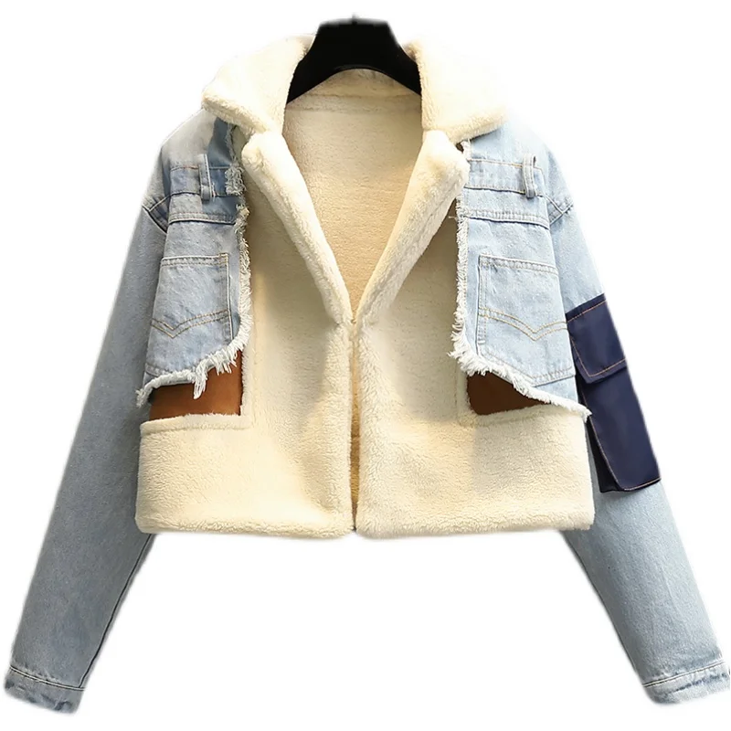 

2021 winter coat lamb hair inner deerskin jean patchwork coat oversized denim jacket for woman ladys