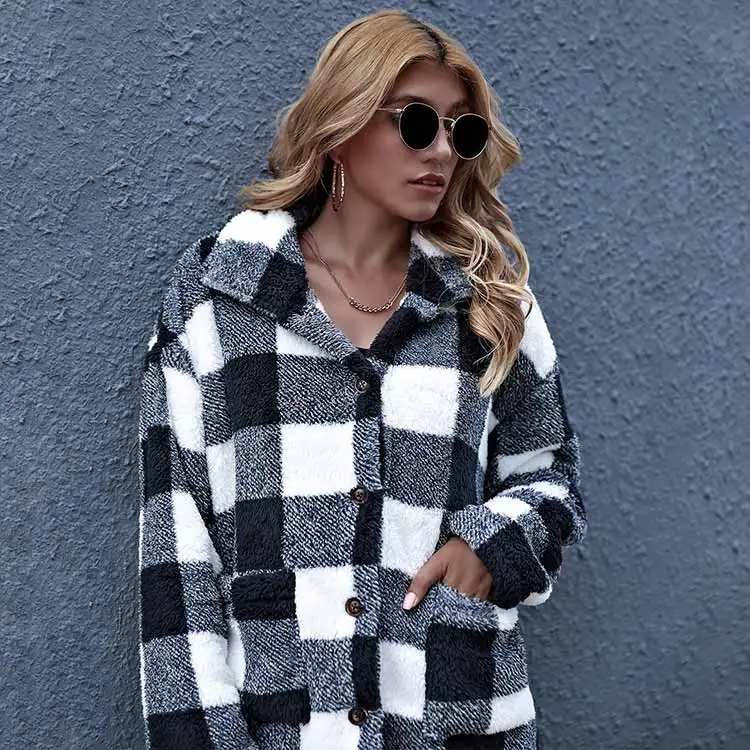 

2021 Trench Fashionable Woman Winter Long Sleeve Button Front Gingham Teddy Jackets And Coats For Women, Customized color