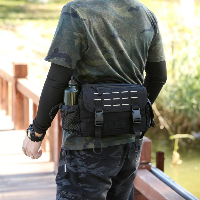 

lightweight 600D black waist bag with reflective strip adjustable strap cross body chest bag hiking sport fanny pack, Green,gray,black,brown,khaki