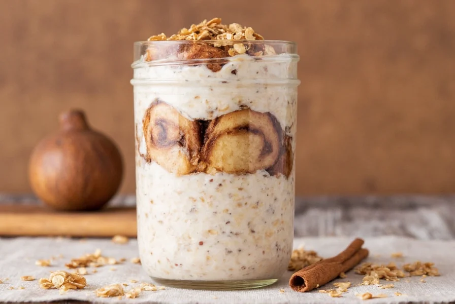 Layered cinnamon bun overnight oats in mason jar showing distinct cinnamon swirls with toasted oats topping