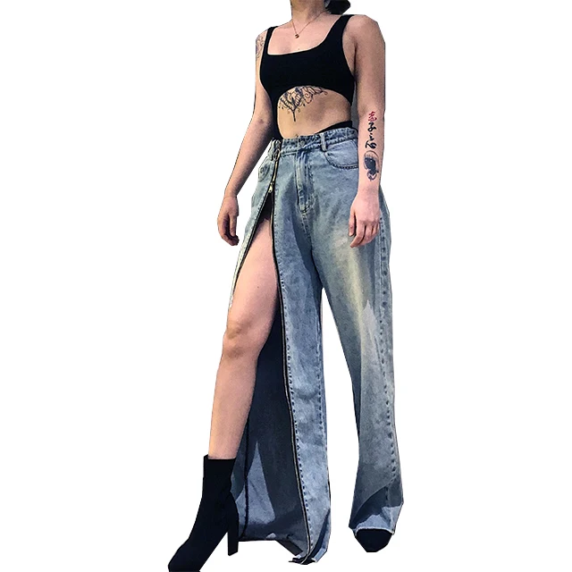 
Hot Girl Narrow Bottom Fake Zippers Fashion Women Wide Leg Jeans 