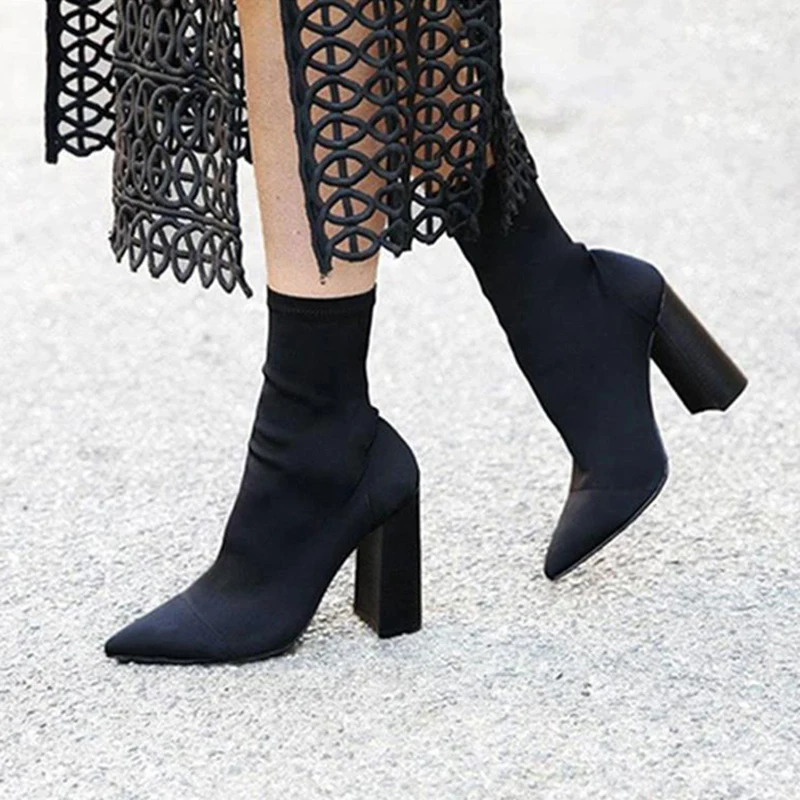 

Hot sale NEW Cotton Fabric Mid-Calf Thick High Heels Shoes Female Socks Boots 2021 Spring/Autumn Pointed Toe Women's Boots, Black green