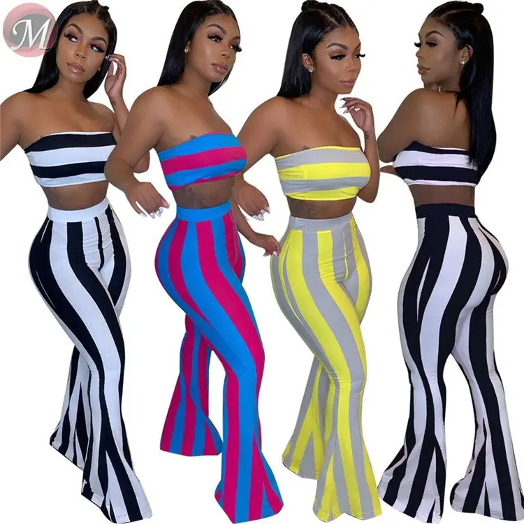 

EB-2022 new050801 wholesale hot strapless tube crop top high waist flared pants striped women clothing two piece set, Black/white,red/blue,yellow/gray