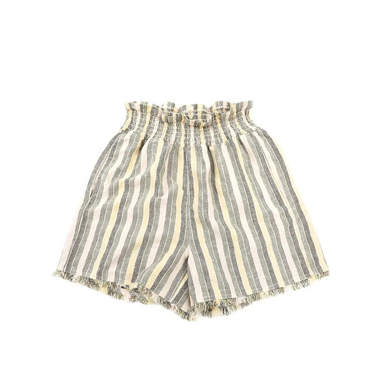 

Cheap casual comfy high elastic waist linen cotton stripes short shorts for summer women, Custom color