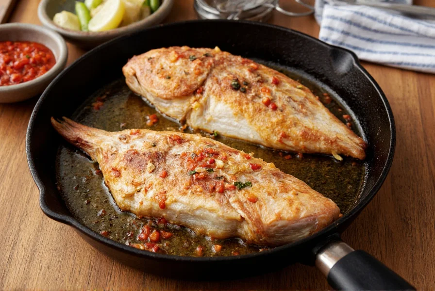 Caribbean fish and pepper preparation showing whole fish being fried in cast iron skillet with fresh pepper sauce ingredients