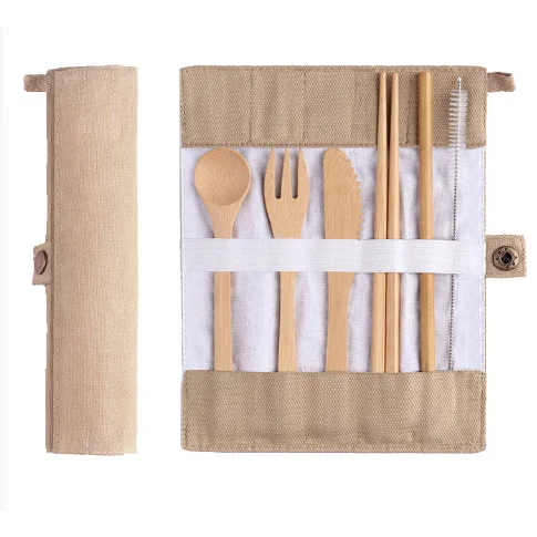 

Eco Friendly Custom Logo Bamboo Travel Utensils Kit Zero Waste Reusable Bamboo Cutlery Set With Canvas Bag, Bamboo color