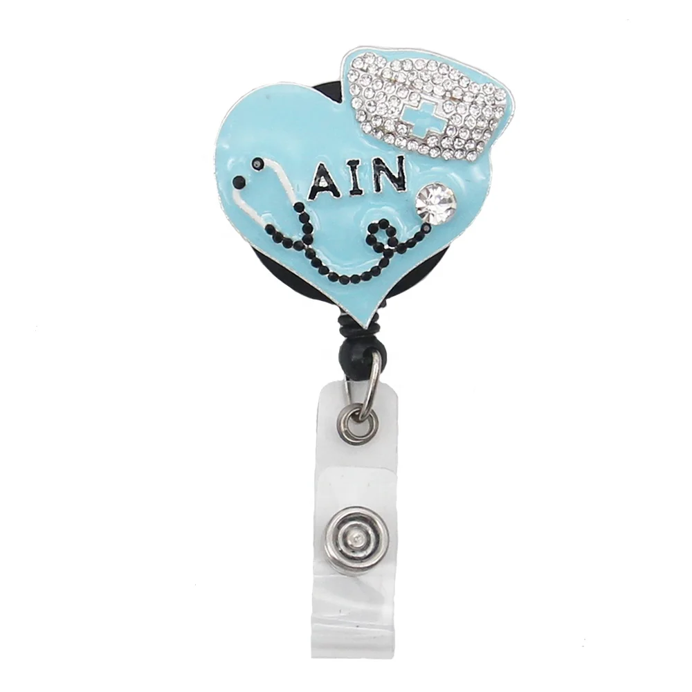 

Free Shipping Rhinestone Blue Heart AIN Nurse Retractable ID Badge Reel For Nurse Accessories, Various, as your choice