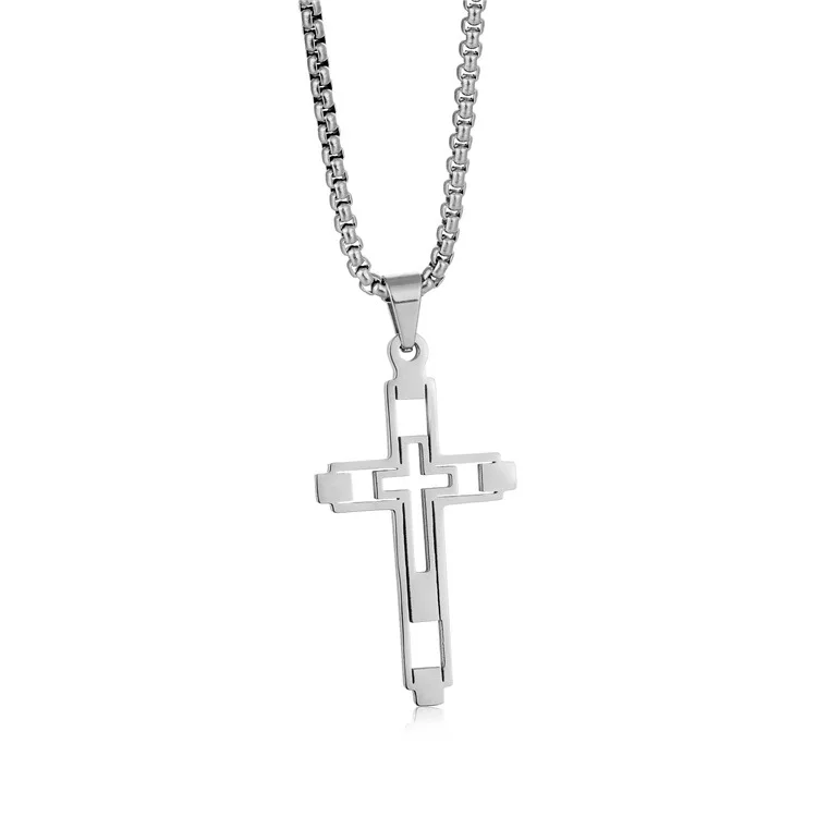 

High quality stainless steel hollow double cross necklace men