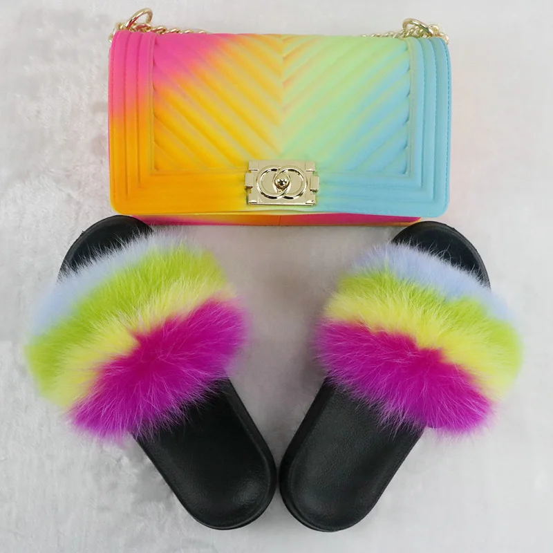 

women fashion bags and sandals set Jelly Bag Rainbow Color Wool Slippers Chain Crossbody Shoe and Bag Set, As photos or customizable