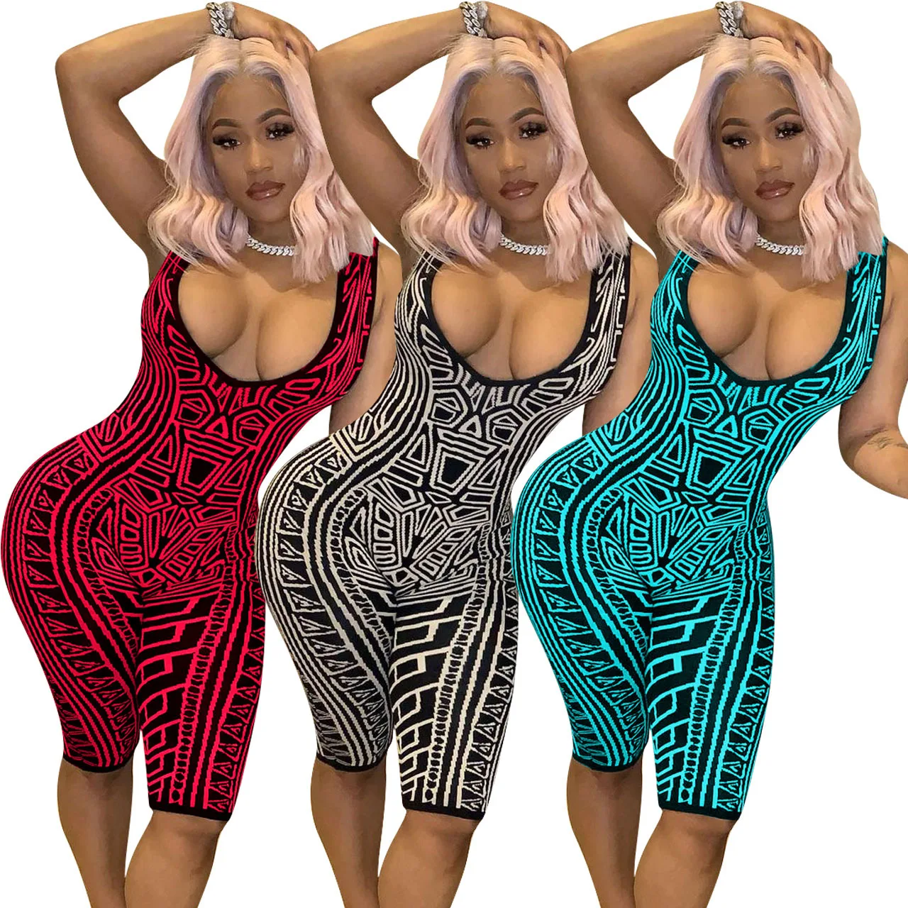 

wholesale summer bodycon ladies fashion casual printed sleeveless jumpsuit 2021