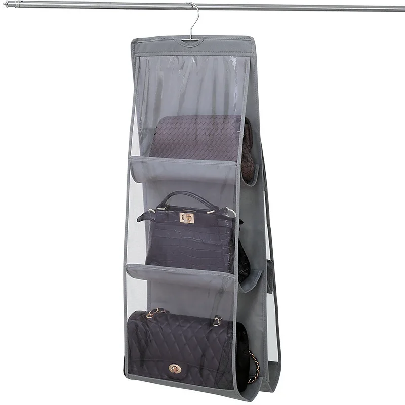 

New design Household storage 6 Shelf hanging storage bag for handbag mesh bag closet organizer dust cover bag, Blue,gray,black,pink