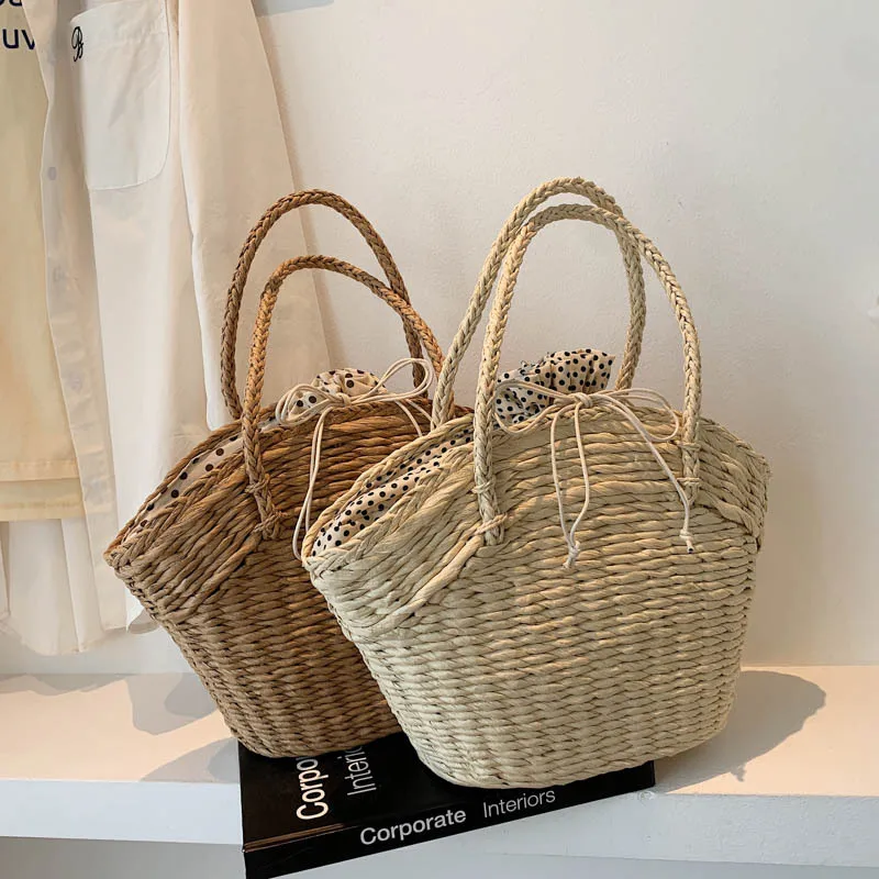 

Fashion Rattan Wicker Woven Lady Shoulder Bags Summer Beach Straw Bag Large Capacity Totes Dot Big Baskets Women Handbags