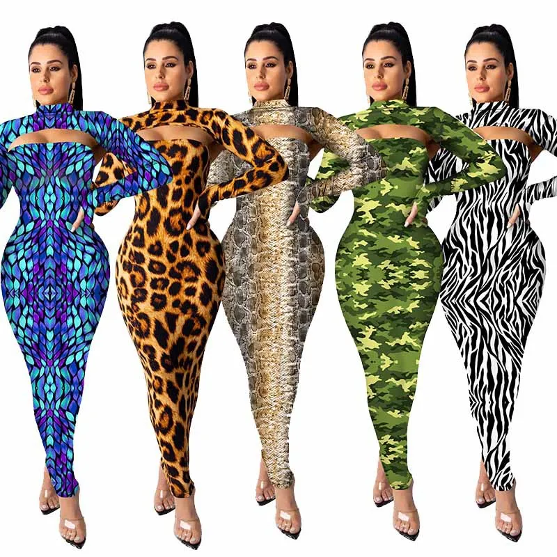 

Hot selling high-spring knit suit leopard print long sleeves dresses for women