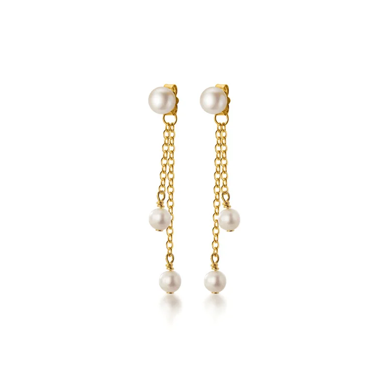 Fashion Cute 925 Sterling Silver Fresh Water Pearl Tassel Golden Earrings Jewelry Wholesale