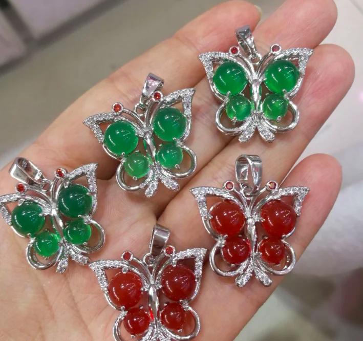 

jialin jewelry 2020ins wholesale 925 silver green red agate jade butterfly pendant necklace