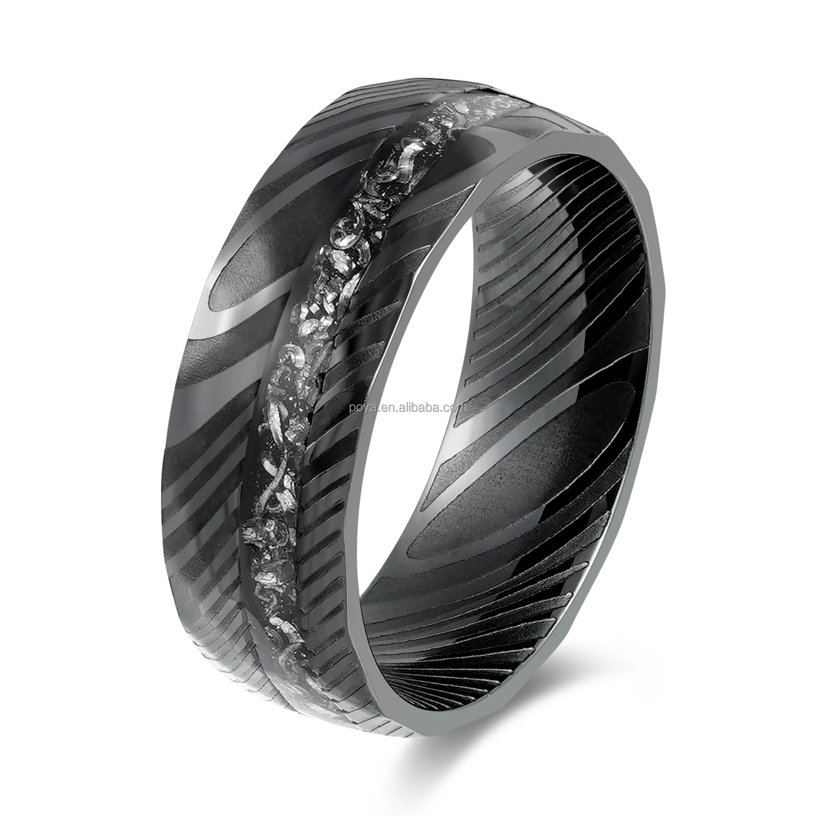 POYA 8mm Black  Stainless Steel Ring Etch Damascus Steel   Galaxy Meteorite Shaving Golden Leaf Inlay Promise Gift for Him