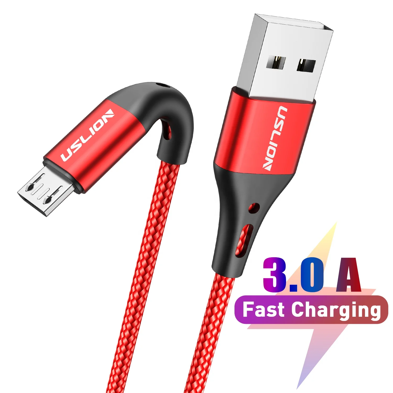 

USLION 2M 6.6ft Amazon accessories usb micro cable 3a nylon android cable android mobile phone charge data cable for samsung, Black/red/blue/purple