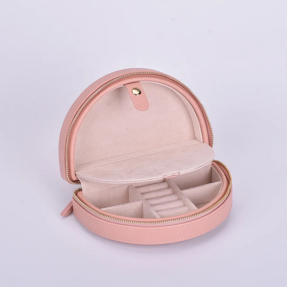 

Eco-friendly classical hot Christmas festival birthday gift leather velvet pink small travel half round jewelry box with zipper, Pink, customized