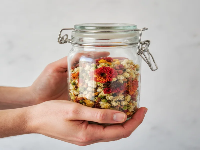 Hand holding upcycled glass jar organizer with dried flowers