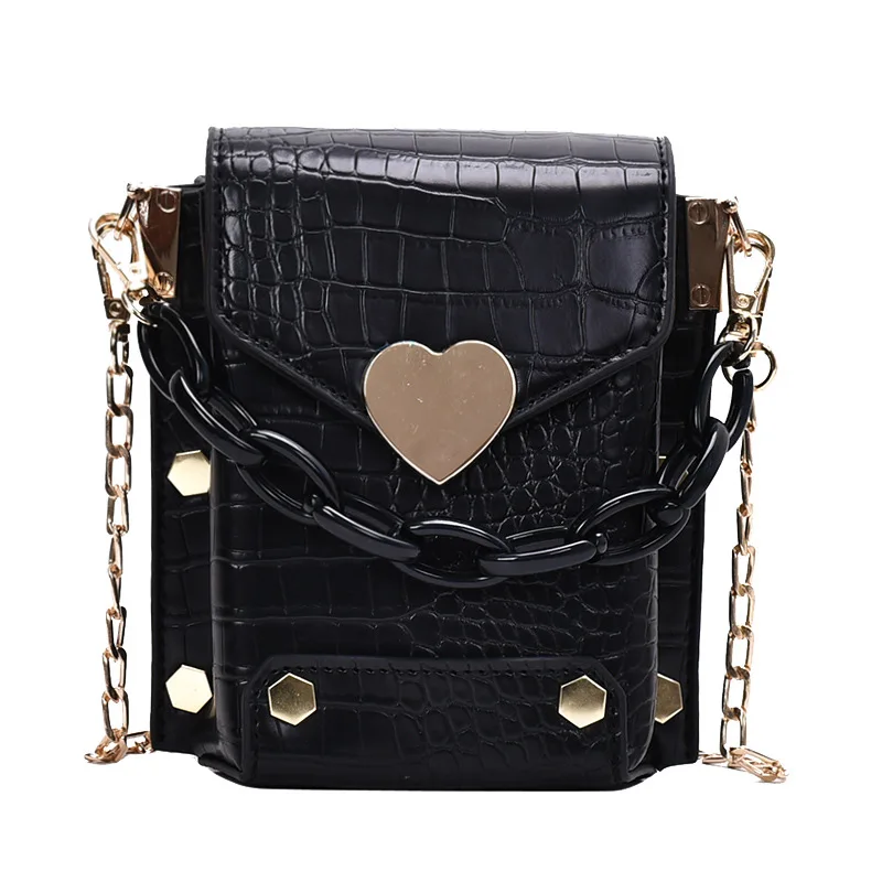 

New Fashion Alligator Pattern Mobile Phone Bag Thick Chain Single Shoulder Bags Mini Handbag Pure Color Woman Shoulder Bag, Custom