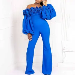 Sexy Wide Leg Pants Off Shoulder Blue Puff Sleeve 