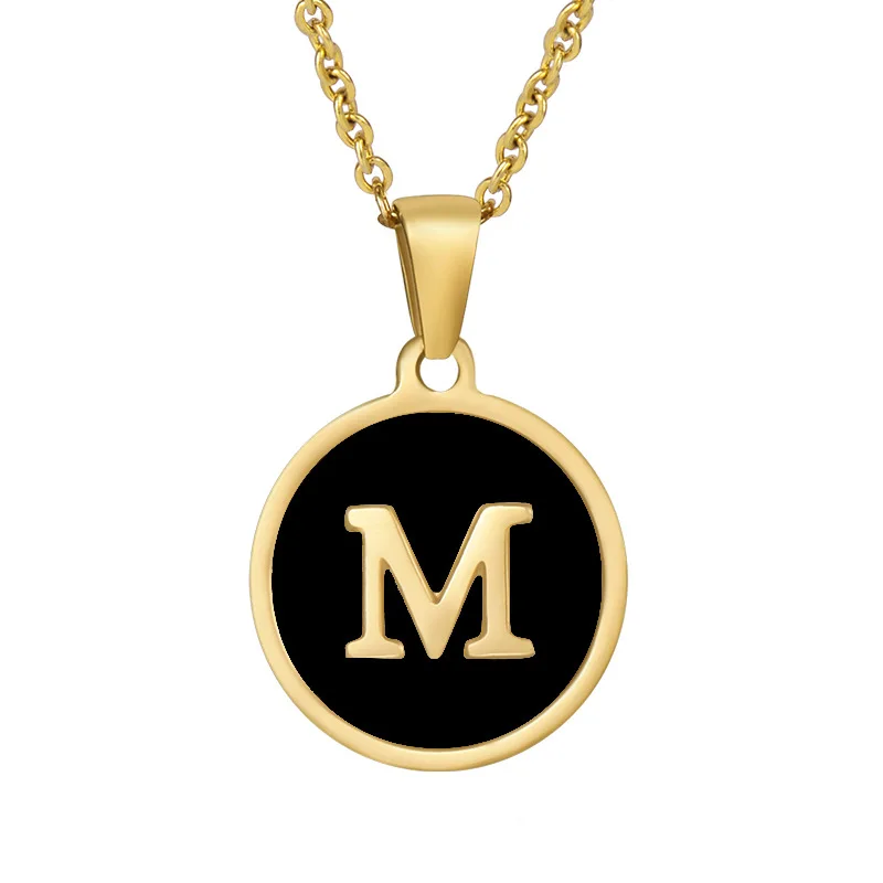 

18k Gold-Plated Black Round Shell Pendant Necklace Stainless Steel 26 English Alphabet Necklace Jewelry Wholesale 2021, Like picture