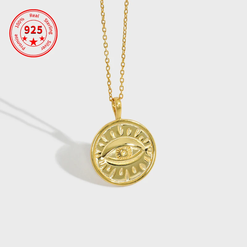 

New Design 925 Sterling Silver Evil Eye 18K Gold Plated Necklace Round Coin Pendant Necklace Women Men Jewelry Wholesale