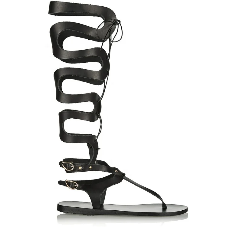 

fashion sexy ladies flat knee high gladiator sandals women boots shoes, Black