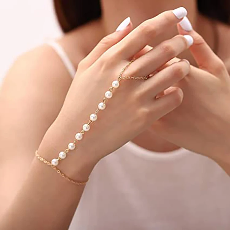 

Fashion Pearl Finger Bracelets Ring Hand Chain Beach Bracelets for Women