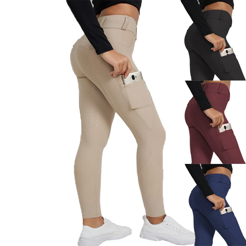 

Ready to Ship Beige Woman Equestrian Jodhpurs Breeches Horse Riding Pants Tights With Pocket Full Seat Silicone Riding Leggings