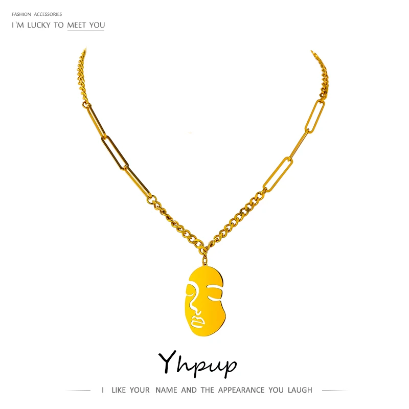 

Yhpup Necklace Chain Collar 18 K Metal Necklace Accessories 2021 Stainless Steel FACE Pendant Necklace