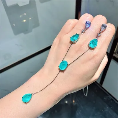 

Luxury Diamond Zircon Drop Shape Pendant Necklace Earrings Jewelry Set Fashion Gold Plated Paraiba Jewelry Set For Party