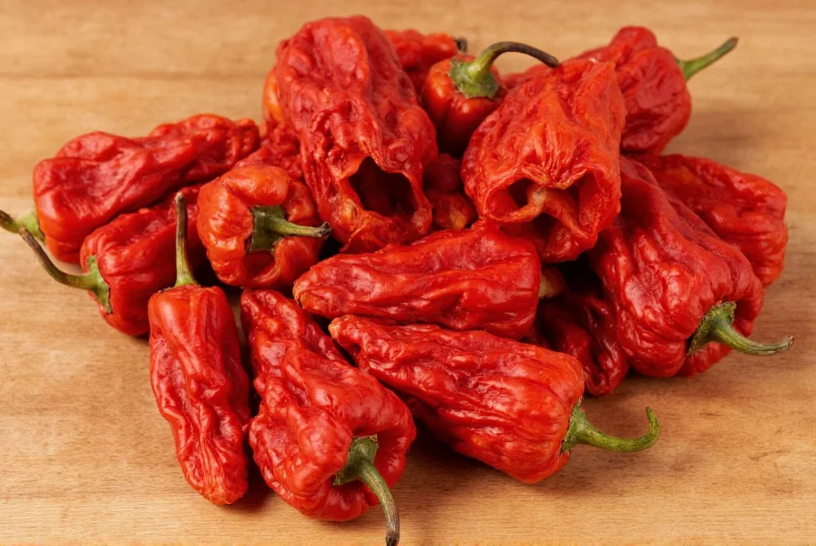 Close-up photograph of dried facing heaven peppers showing their distinctive upward orientation, vibrant red color, and conical shape on wooden cutting board