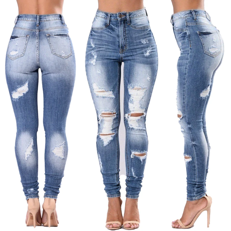 

Wholesale ladies fashion skinny slim fit trousers woman 2021 washed ripped casual denim jeans pants for women clothing, Blue