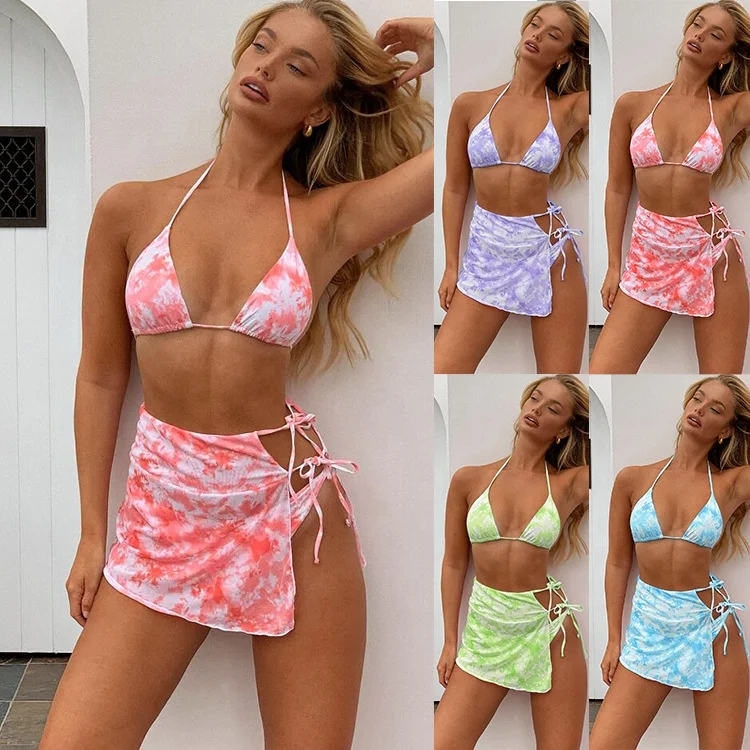 

2021 New Womens Halter Neck Hollow Out 3 Piece Micro Mesh Swimsuit Lace Up Transparent Bikini Set, Picture
