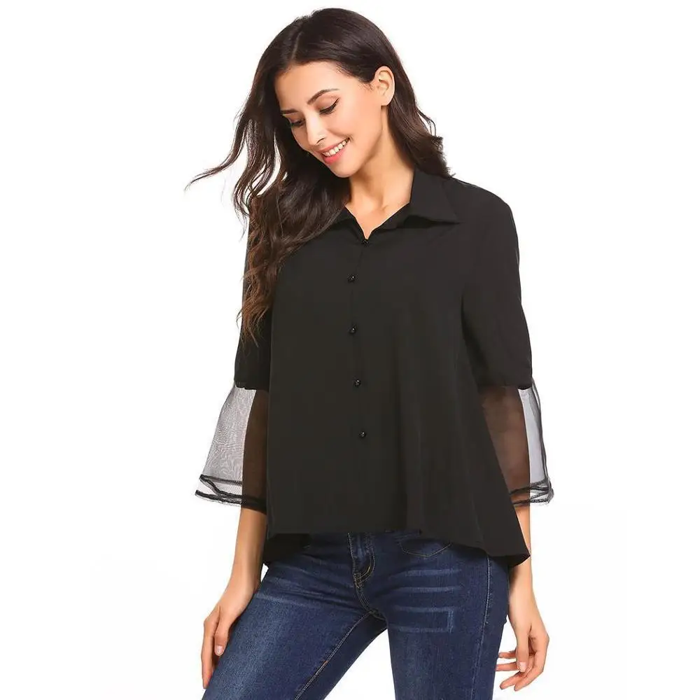 

2020 New Arrivals women Tulle-Trimmed patchwork Long Sleeve Loose casual Cotton ladies top blouse