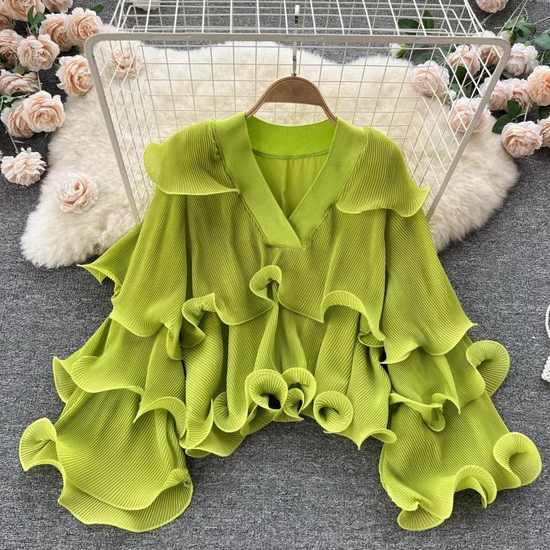

Spring Autumn New V-neck Shirt Women's Elegant Blouse Pleated Chiffon Shirt Fashion Ladies Long Sleeve Top