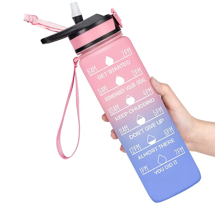 

32oz Leakproof BPA Free Drinking Durable Non-Toxic Fitness Sports Motivational Water Bottle with Time Marker and Straw, Customized color