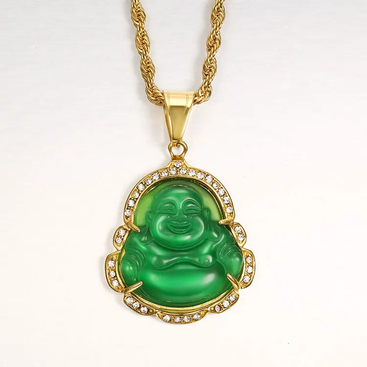 

Hot Sale Laughing Buddha Statue Amulet Necklace Dainty Stainless Steel Twist Chain Gold Plated Small Jade Buddha Necklace Women, Black, white, black, green, purple, yellow, pink