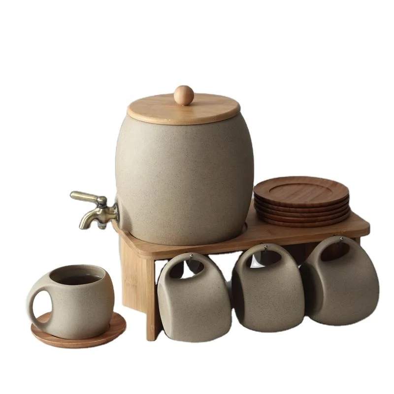 

Creative ceramic cup set household water cup cool and cold kettle bucket juice drink pot with faucet gift, Brown