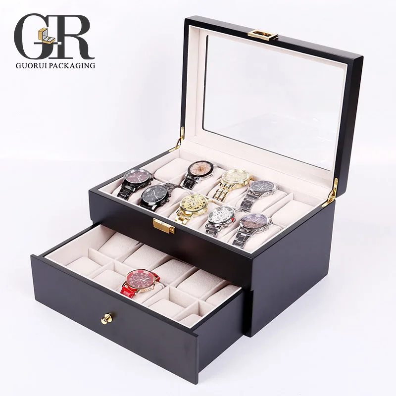 

Guorui Display window 2 layers 20 slots large capacity black leather luxury watch box storage box men's watch, Customized