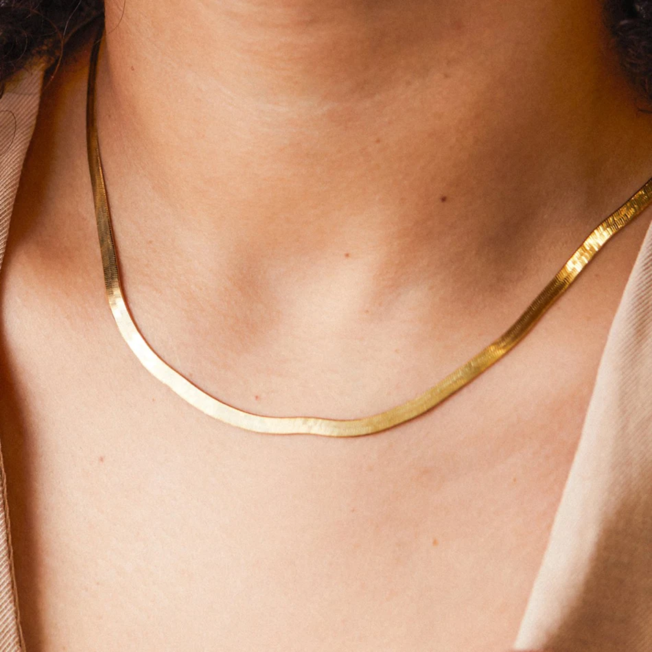 

Hip Hop Cuban Herringbone Chain Choker Necklace 14k 18K Gold Stainless Steel Custom Logo Snake Chain Necklace, Gold color