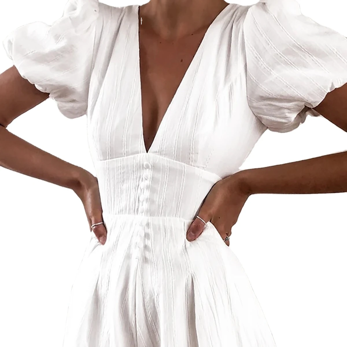 

V-neck White Puff Sleeve Short 2021 One Piece Jumpsuit