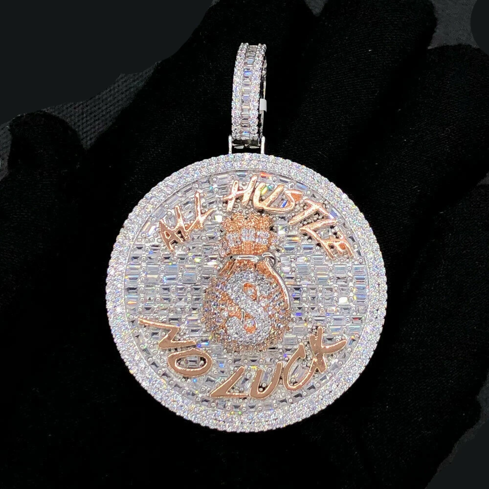 

All Hustle No Luck Hip Hop Pendant Iced Out Bling 5A Cubic Zirconia CZ Geometric Round Pendant Money Bag Necklace, Rose gold