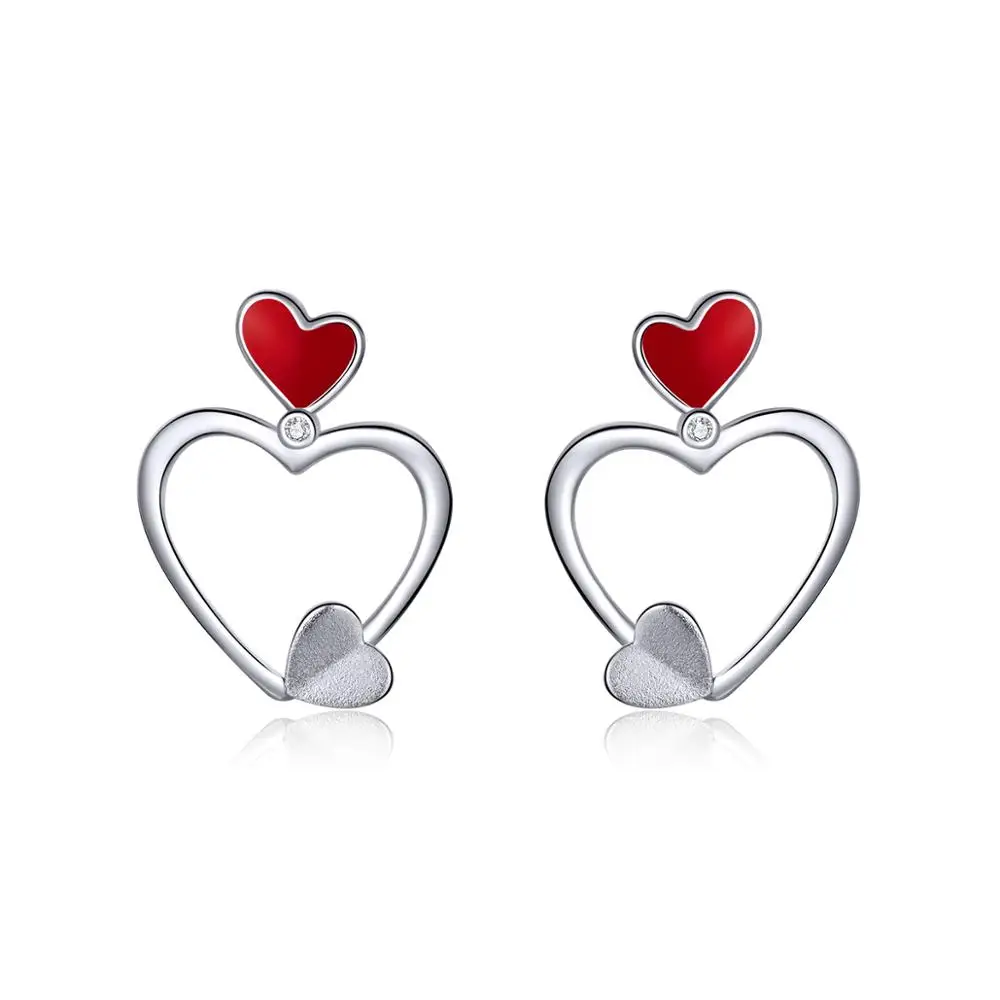 

925 Sterling Silver Love Heart Dangle Earrings for Women Red Enamel Ear Drops Silver 925 Jewelry New Brincos