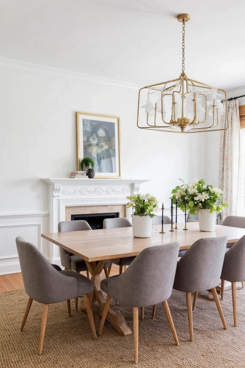 Dining room with chalkboard wall and child artwork frames