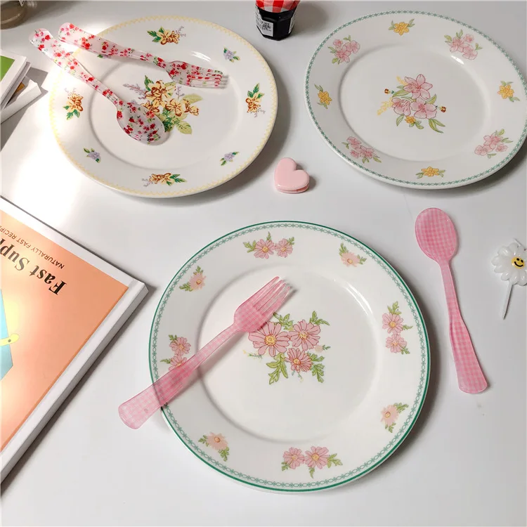 

HY Korean style small daisy vintage girl love flower dessert dish fruit salad tableware pizza dish ceramic serving plate