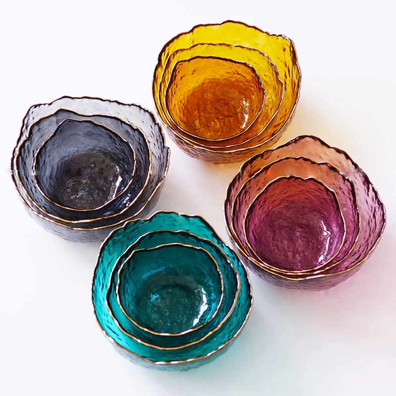 

A2429 Different Size Transparent Creative Craft Tray Salad Dessert Bowl Gold Edge Coaster Irregular Glass Fruit Plate