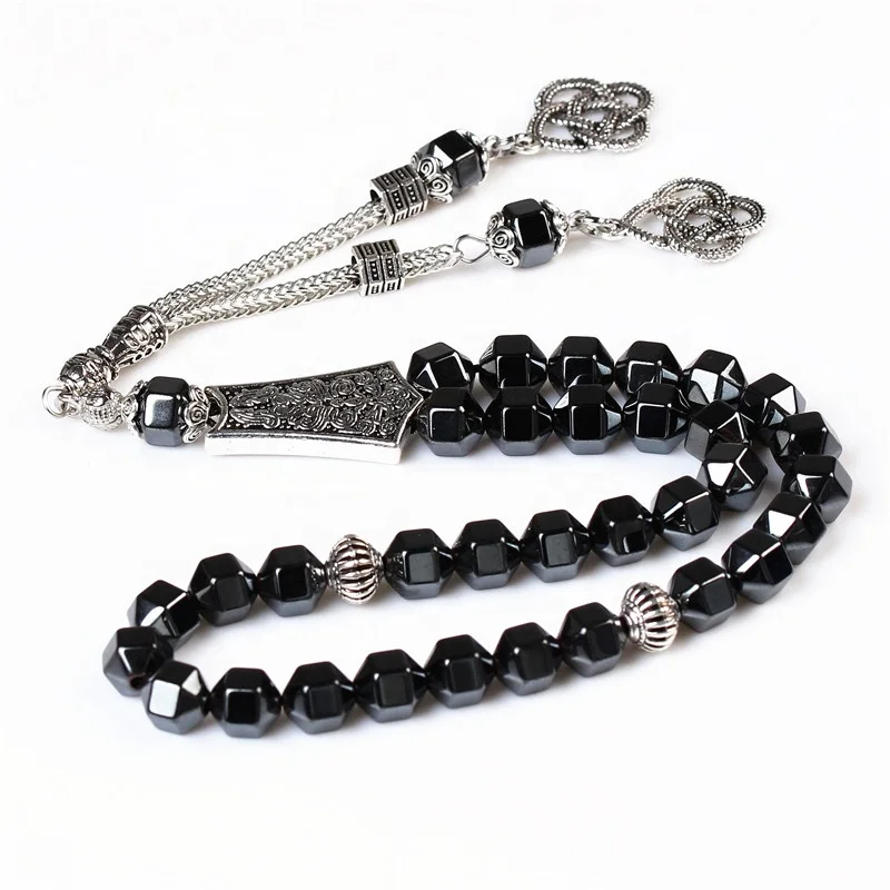 

Factory Wholesale 8mm Black Hematite Stone Silver tassel Islam Tasbih Prayer Beads 33 Allah Masbaha Tesbih Muslim Rosary