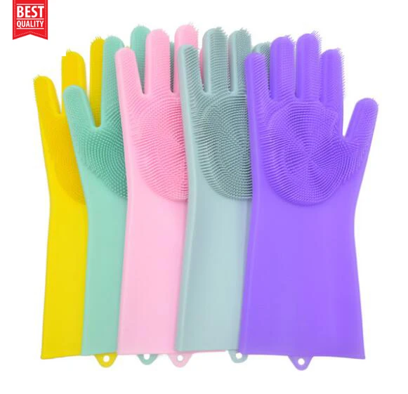 

China products manufacture Kitchen Reusable Colored Magic Rubber Hand cleaning Silicone Dishwashing Gloves for washing utensils, Pink, blue, purple etc.